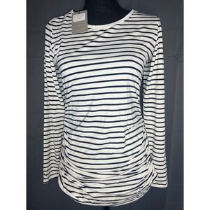 Smallshow Maternity Top Navy Blue White Striped Long Sleeve Ruched  S